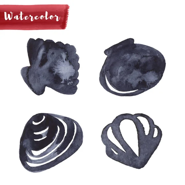 Muscheln in indigofarbener Bemalung. Aquarellzeichnung. Meeresblaue Farbe. Ozeansymbol. isoliert auf weiß für Stoff, Textil, Hintergrund, Dekoration Kinderillustration. marine Element für Design. — Stockfoto