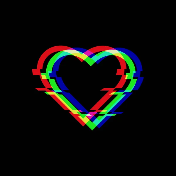 Vector symbol of heart in glitch style. Icon of love isolated on black background. Modern digital pixel distorted design. Television video error shape. — Stock Vector