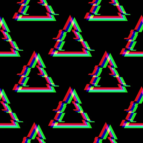 Modello senza cuciture vettoriale con simbolo di triangolo in stile glitch. Icona geometrica glitch isolata su sfondo nero. Design moderno distorto pixel digitale. Forma dell'errore video televisivo . — Vettoriale Stock