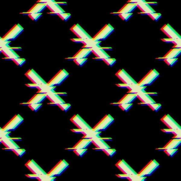 Patrón sin costura vectorial con símbolo de cruz en estilo glitch. Icono geométrico fallido aislado sobre fondo negro. Diseño distorsionado de píxeles digitales modernos. Forma de error de vídeo de televisión. Marca creativa — Vector de stock