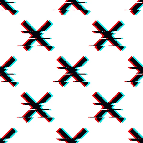 Vector seamless pattern with symbol of cross in glitch style. Geometric glitched Icon isolated on white background. Modern digital pixel distorted design. Television video error shape. Creative mark — Stock Vector