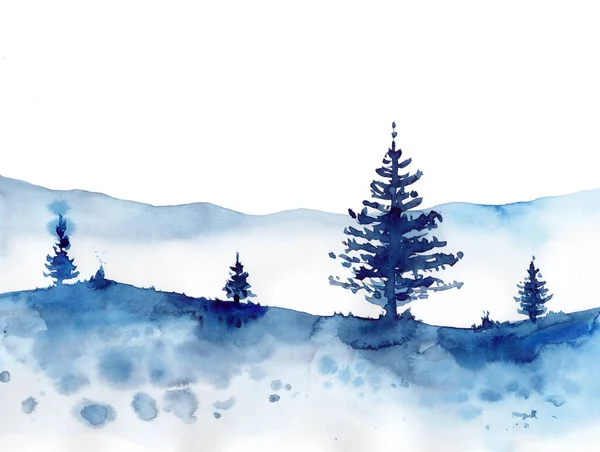 Акварель зимний лес и синий снежный фон. Рождественская иллюстрация для печати, текстуры, обоев или элемента. Акварель, изолированная на белом . — стоковое фото