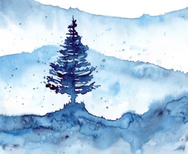 Suluboya kış kar ormanı ve mavi arka plan. Baskı, doku, duvar kağıdı ya da element için el resmi. Beyaz arka planda izole edilmiş güzel suluboya ahşap.