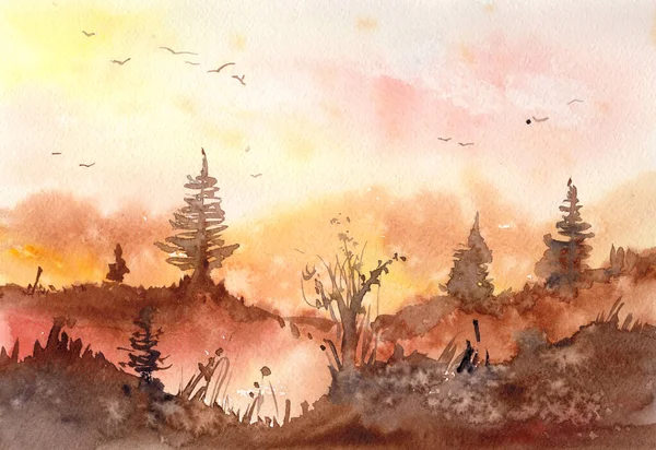 Aquarelle orange et brun automne ou forêt d'été sur fond jaune clair. Peinture à la main Illustration pour impression, texture, papier peint ou élément. Beau bois aquarelle — Photo