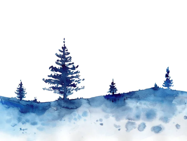 Aquarelle hiver conception forêt et bleu fond de neige de Noël. Peinture à la main Illustration pour impression, texture, papier peint ou élément. Beau bois aquarelle isolé sur blanc Pour cartes — Photo