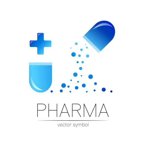 Gyógyszertár vektor szimbólum kék kereszttel gyógyszerész, gyógyszertár, orvos és gyógyszer számára. Modern design vektor logó fehér háttérrel. Gyógyszerészeti ikon logotípus tabletta kapszula. Egészségügy — Stock Vector