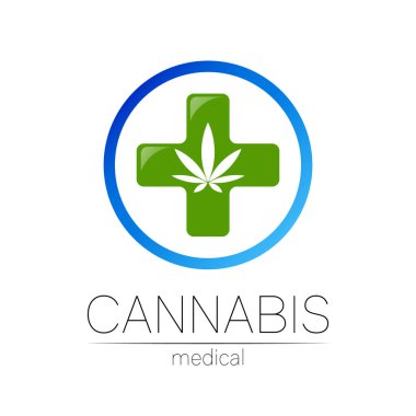 İlaç ve doktor için kenevir vektör logosu. Tıbbi marihuana sembolü. Sağlık için bitki ve yaprak içeren ilaçlar. Yeşil bitkinin konsept işareti. Beyaz üzerine yeşil haç. Mavi daire