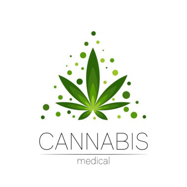 İlaç ve doktor için kenevir vektör logosu. Tohumlu tıbbi marihuana sembolü. Sağlık için bitki ve yaprak içeren ilaçlar. Yeşil bitkinin konsept işareti. Beyaz üzerine yeşil renk.