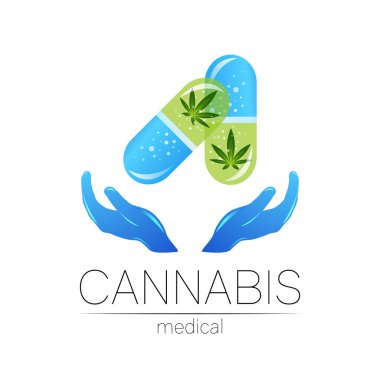 İlaç ve doktor için insan eli vektör logoti içeren tablet hap kapsülünde esrar var. Tıbbi marihuana sembolü. Sağlık için bitki ve yaprak içeren ilaçlar. Yeşil bitkinin konsept işareti.