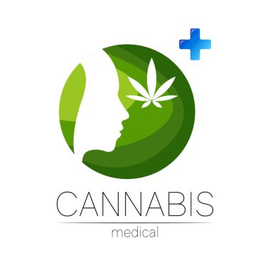 İlaç ve doktor için kenevir vektör logosu. Tıbbi marihuana sembolü. Sağlık için bitki ve yaprak içeren ilaçlar. Yeşil bitkinin konsept işareti. İnsan siluetinin profilini yeşil çemberde çiz