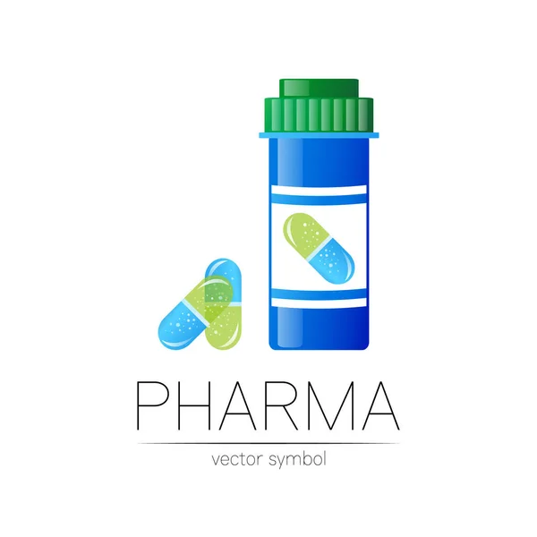 Σύμβολο διάνυσμα φαρμακείου με μπλε φιάλη χαπιών και δισκίο καψακίου για φαρμακοποιό, φαρμακείο, γιατρό και φάρμακο. Σύγχρονη σχεδιασμό vector λογότυπο σε λευκό φόντο. Λογότυπο εικονιδίου φαρμακευτικής. Υγεία — Διανυσματικό Αρχείο