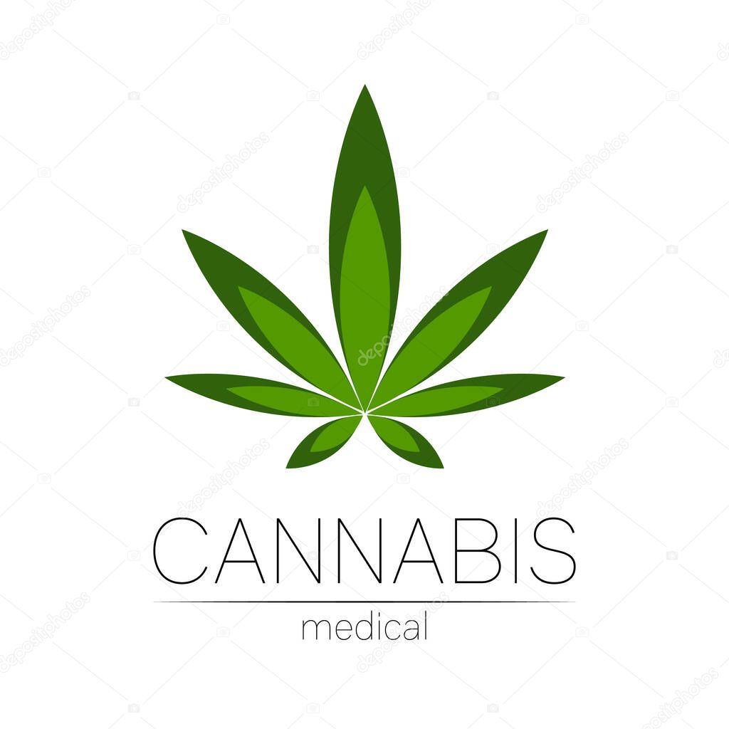 Cannabis vector logotype for medicine and doctor. Medical marijuana symbol. Pharmaceuticals with plant and leaf for health. Concept sign of green herb. Green color on white