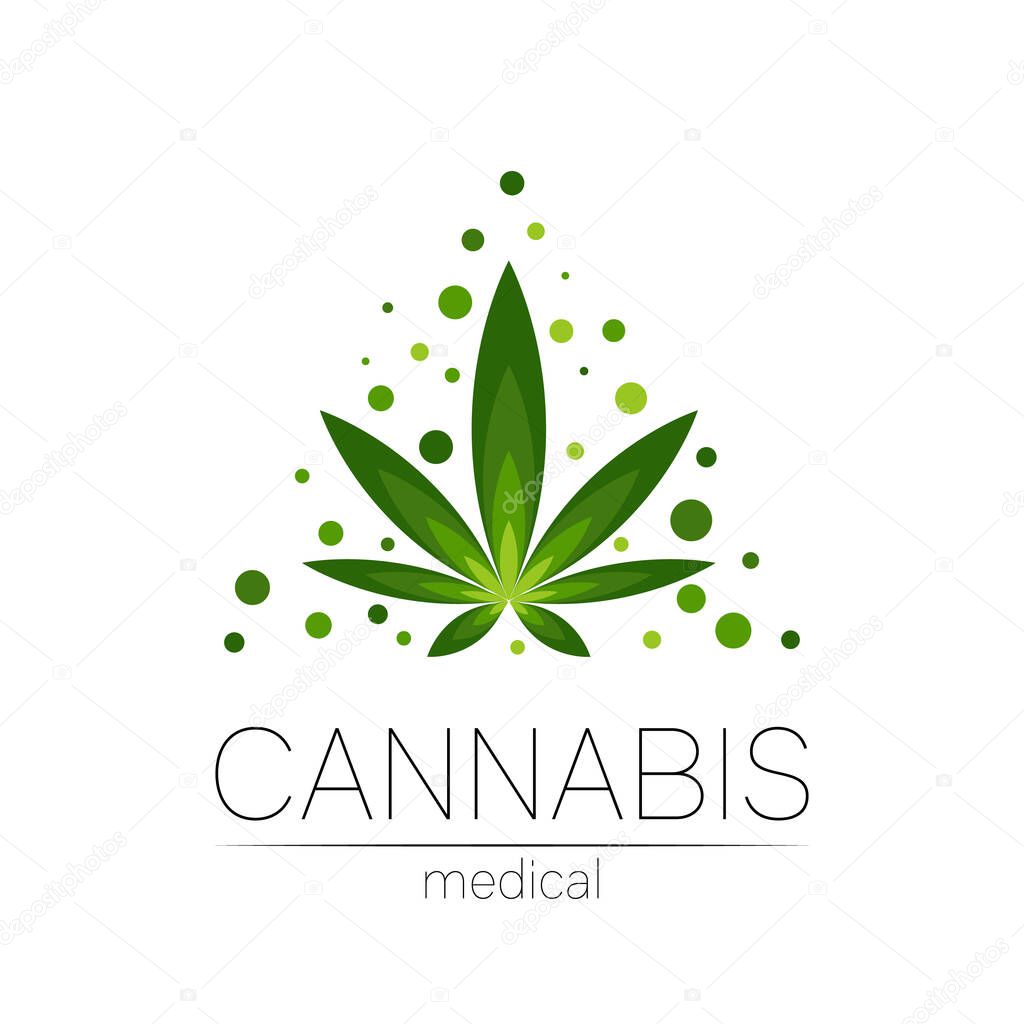 Cannabis vector logotype for medicine and doctor. Medical marijuana symbol with seeds. Pharmaceuticals with plant and leaf for health. Concept sign of green herb. Green color on white