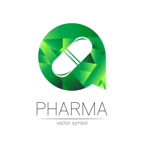 Φαρμακευτικό σύμβολο φορέα για το φαρμακοποιό, το φαρμακείο, το γιατρό και το φάρμακο. Σύγχρονη σχεδιασμό vector λογότυπο σε λευκό φόντο. Φαρμακευτικό πράσινο εικονίδιο logotype δισκίο κάψουλα χάπι. Βιομηχανία της υγείας — Διανυσματικό Αρχείο
