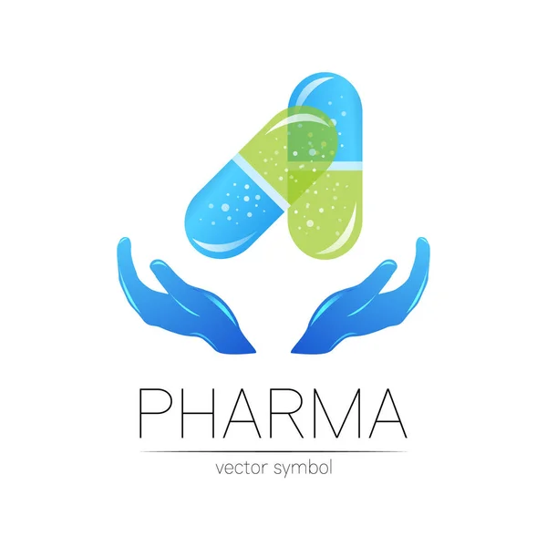 Φαρμακείο vector σύμβολο με τα χέρια για το φαρμακοποιό, φαρμακείο κατάστημα, γιατρός και φάρμακο. Σύγχρονη σχεδιασμό vector λογότυπο σε λευκό φόντο. Φαρμακευτικό μπλε εικονίδιο λογότυπο δισκίο χάπι κάψουλα με το χέρι — Διανυσματικό Αρχείο