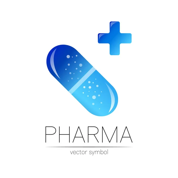 Gyógyszertár vektor szimbólum kék kereszttel gyógyszerész, gyógyszertár, orvos és gyógyszer számára. Modern design vektor logó fehér háttérrel. Gyógyszerészeti ikon logotípus tabletta kapszula. Egészségügy — Stock Vector