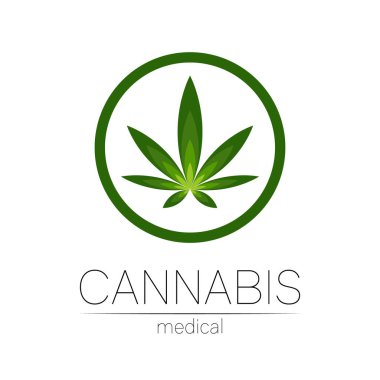 İlaç ve doktor için kenevir vektör logosu. Tıbbi marihuana sembolü. Sağlık için bitki ve yaprak içeren ilaçlar. Yeşil bitkinin konsept işareti. Beyaz üzerine yeşil renk çemberi