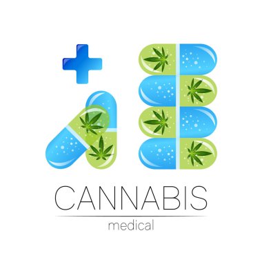 İlaç ve doktor için çapraz vektör logoti içeren tablet hap kapsülünde yeşil kenevir. Tıbbi marihuana sembolü. Sağlık için bitki ve yaprak içeren ilaçlar. Yeşil bitkinin konsept işareti.