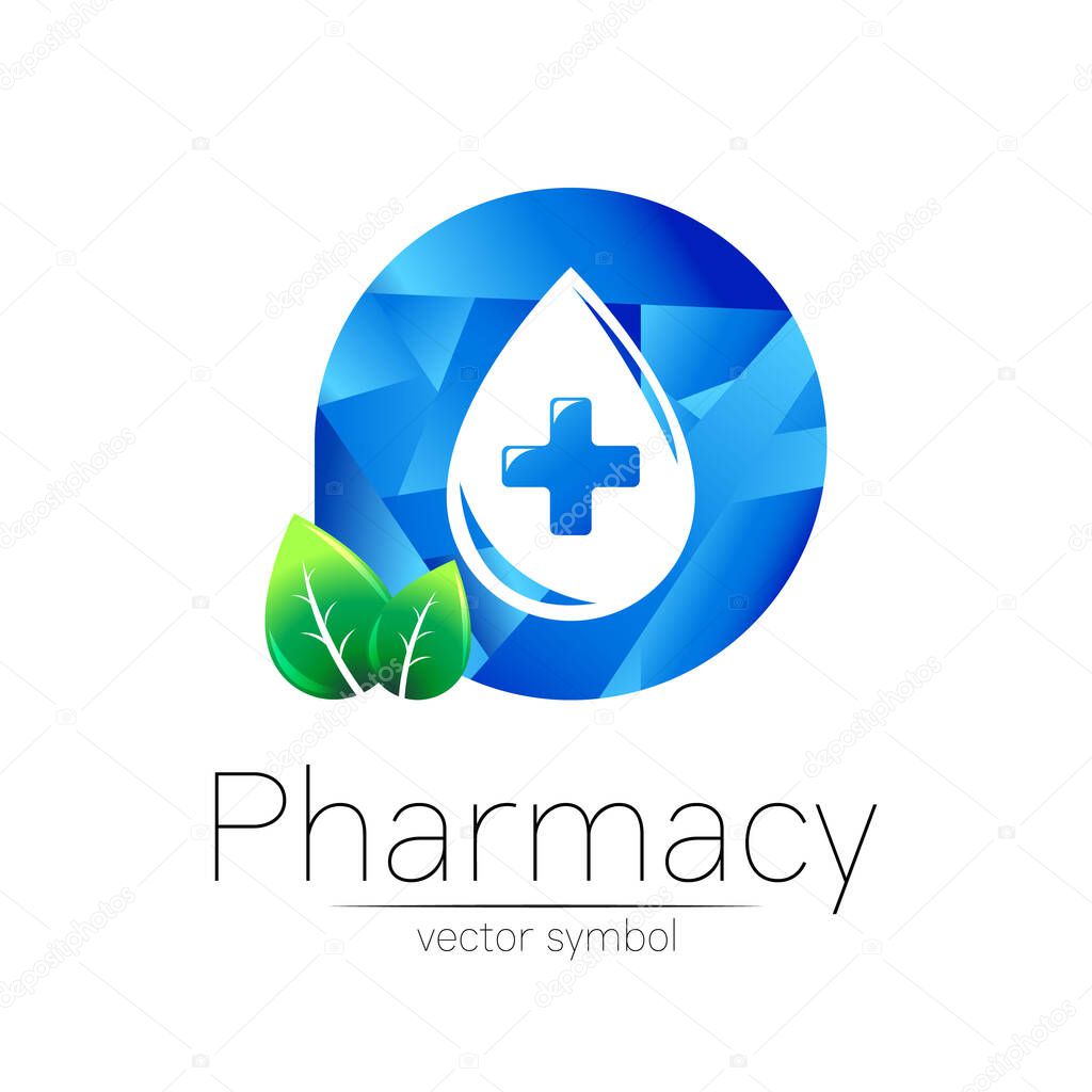 Pharmacy vector symbol of blue drop with cross in circle and leaf for pharmacist, pharma store, doctor and medicine. Modern design vector logo on white background. Pharmaceutical icon logotype health