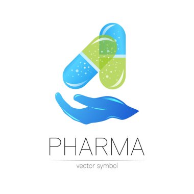 Eczacı, eczacı, doktor ve ilaç için eczane vektör sembolü. Beyaz arka planda modern tasarım vektör logosu. Eczacılık mavi ikon logoti tablet hap kapsülü.