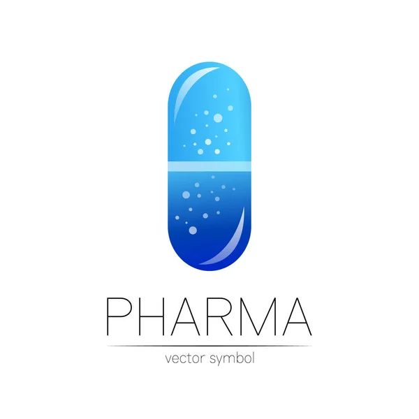 Φαρμακευτικό σύμβολο φορέα για το φαρμακοποιό, το φαρμακείο, το γιατρό και το φάρμακο. Σύγχρονη σχεδιασμό vector λογότυπο σε λευκό φόντο. Φαρμακευτικό μπλε εικονίδιο λογότυπο δισκίο κάψουλα χάπι. Βιομηχανία της υγείας — Διανυσματικό Αρχείο