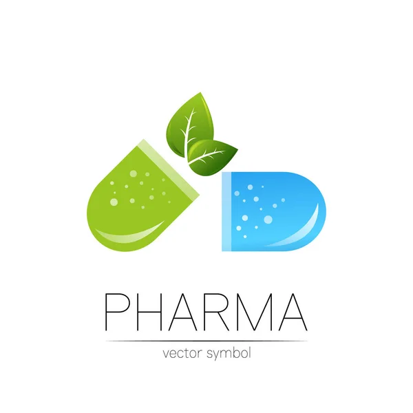 Gyógyszertár vektor szimbólum zöld levéllel gyógyszerész, gyógyszertár, orvos és gyógyszer számára. Modern design vektor logó fehér háttérrel. Gyógyszerészeti kék ikon logotípus tabletta kapszula. Egészségügy — Stock Vector