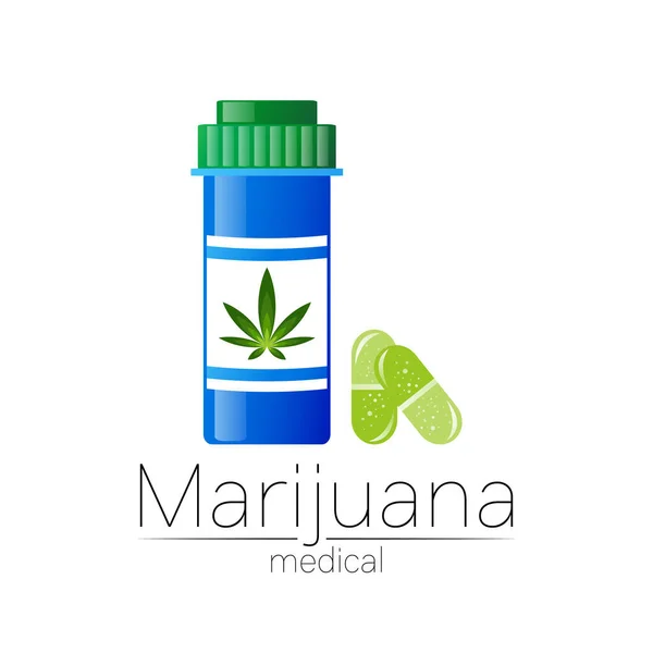 用于药物和医生的大麻病媒标识类型。医用大麻的标志与药瓶和胶囊。药用植物和叶子促进健康。绿草的概念符号. — 图库矢量图片