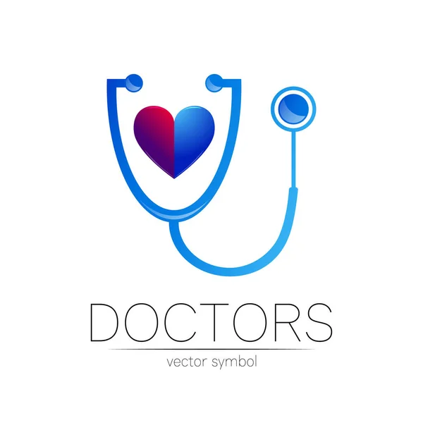 Estetoscópio e logotipo do vetor cardíaco humano na cor azul. Símbolo médico para médico, clínica, hospital e diagnóstico. Conceito moderno para logotipo ou estilo de identidade. Sinal de saúde. Isolado em branco — Vetor de Stock