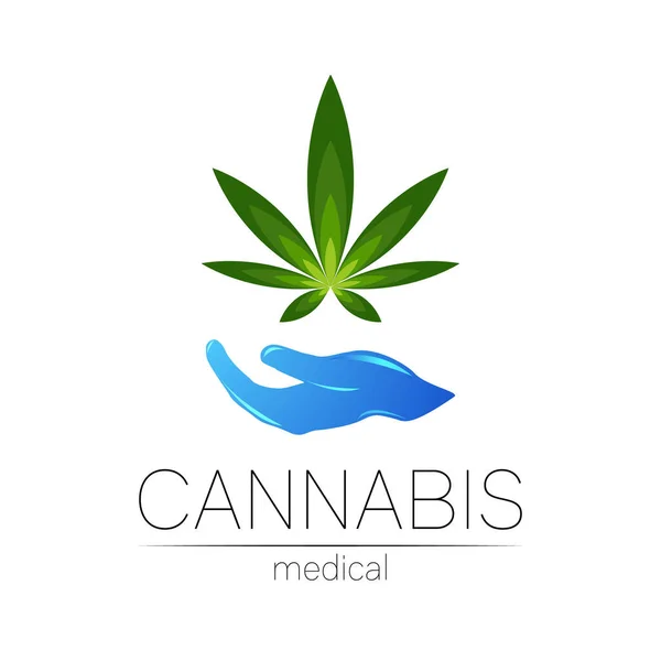 用于药物和医生的大麻病媒标识类型。医用大麻符号。药用植物和叶子促进健康。绿色草本植物的概念标志。白色的绿色。蓝手 — 图库矢量图片