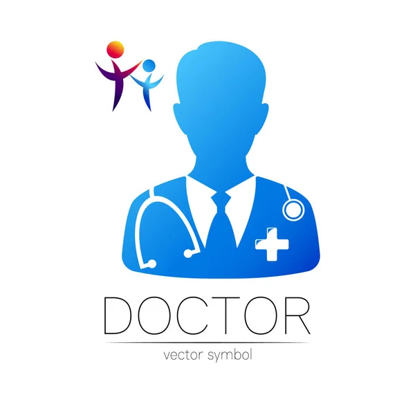 Family Doctor vektor logotípus kék és lila színben. Silhouette orvosszakértő. Logó a klinikának, kórháznak, egészségügynek, gyógyszernek és üzletnek. Elkülönítve a fehérektől. Sablon web, identitás stílus. — Stock Vector