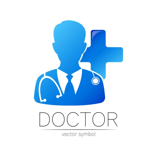 Doktor nagy keresztvektoros logójával kék színben. Sziluett orvos kereszttel. Logó a klinikának, kórháznak, egészségügynek, gyógyszernek és üzletnek. Koncepció, sablon web, identitás modern stílus — Stock Vector