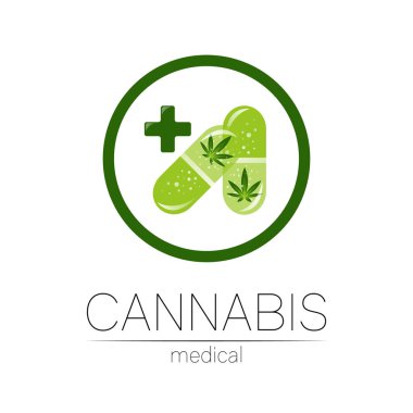 İlaç ve doktor için daire vektör logoti içeren 2 tablet hap kapsülünde esrar var. Tıbbi marihuana sembolü. Sağlık için bitki ve yaprak içeren ilaçlar. Yeşil bitkinin konsept işareti. Yeşil