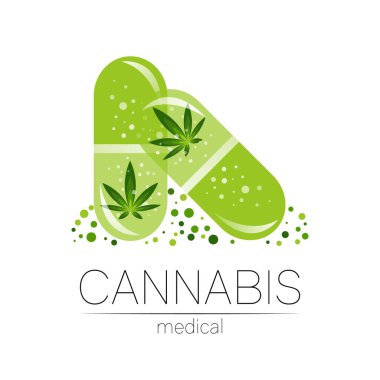 İlaç ve doktor için tohum taşıyıcı logoti içeren 2 tablet hap kapsülünde esrar var. Tıbbi marihuana sembolü. Sağlık için bitki ve yaprak içeren ilaçlar. Yeşil bitkinin konsept işareti. Yeşil