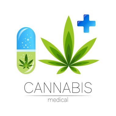 İlaç ve doktor için çapraz vektör logoti içeren tablet hap kapsülünde esrar var. Tıbbi marihuana sembolü. Sağlık için bitki ve yaprak içeren ilaçlar. Yeşil bitkinin konsept işareti. Yeşil