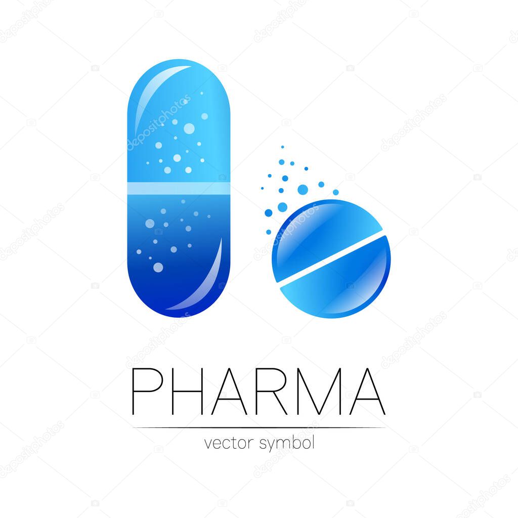 Pharmacy vector symbol for pharmacist, pharma store, doctor and medicine. Modern design vector logo on white background. Pharmaceutical blue icon logotype tablet pill and capsule. People health.