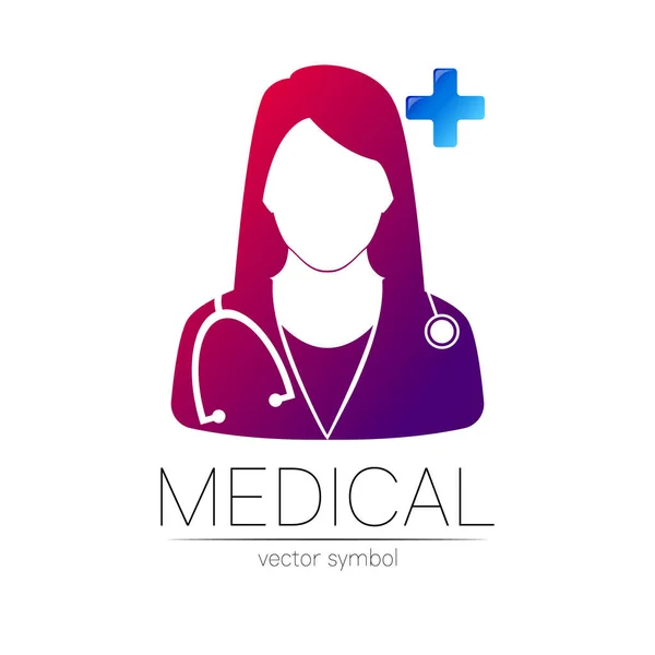 Female doctor and cross vector logotype. Medicine identity and concept. Logo for clinic, medical, pharmacy, online chat, business, health care. Silhouette in violet, blue gradient color on white. — Stock Vector