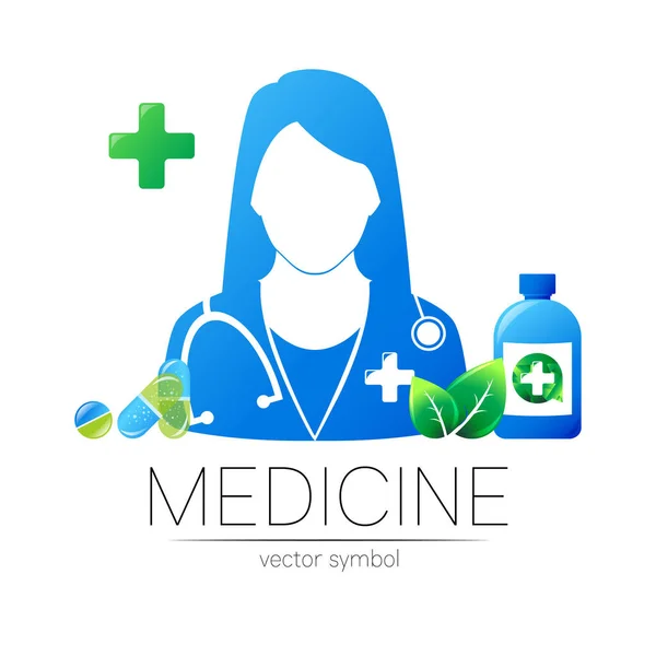 Vrouwelijke dokter en pil capsule met blad, kruis, fles, tablet vector logotype. Identiteit en concept van geneeskunde. Logo voor kliniek, medisch, apotheek, bedrijf, gezondheidszorg. Silhouet in blauwe kleur — Stockvector