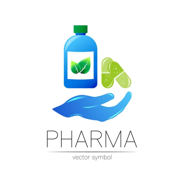 Farmacia vettoriale simbolo con flacone blu e foglia verde, capsula pillola a portata di mano per farmacista, farmacia, medico e medicina. Logo di design moderno su sfondo bianco. Logotipo dell'icona farmaceutica . — Vettoriale Stock