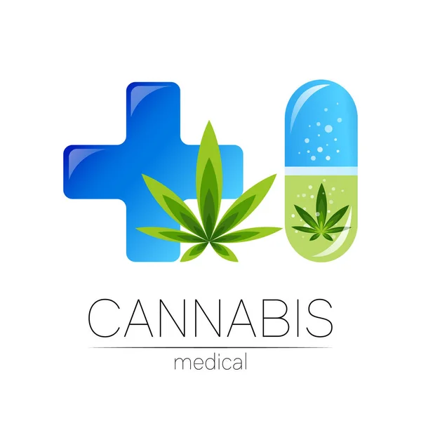 处方药胶囊中的大麻，药物和医生用的具有交叉病媒标志。医用大麻符号。药用植物和叶子促进健康。绿草的概念符号. — 图库矢量图片
