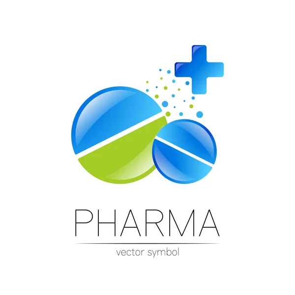 2 Gyógyszertár vektor szimbólum kereszt gyógyszerész, gyógyszertár, orvos és gyógyszer. Modern design vektor logó fehér háttérrel. Gyógyszerészeti kék zöld ikon logotípus tabletta. — Stock Vector