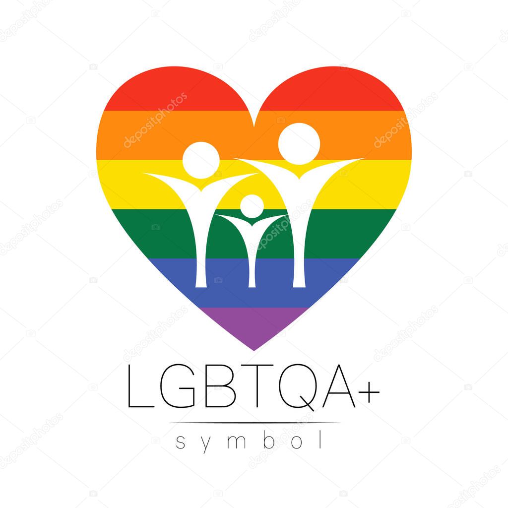Vector LGBTQA family symbol. Pride flag background. Icon for gay, lesbian, bisexual, transsexual, queer and allies person. Can be use for sign activism, psychology or counseling. LGBT on white