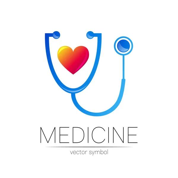 Stetoscopio e logotipo vettoriale cardiaco di colore blu. Simbolo medico per medico, clinica, ospedale e diagnostica. Concetto moderno per logo o stile di identità. Segno di salute. Isolato su sfondo bianco — Vettoriale Stock