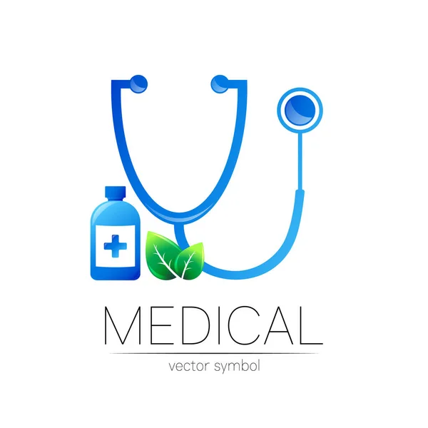 Stetoskop z butelką, krzyż i pozostawia logotyp wektor w kolorze niebieskim. Symbol medyczny dla lekarza, kliniki, szpitala i diagnostyki. Nowoczesna koncepcja logo lub stylu tożsamości. Podpisz zdrowie. Izolacja — Wektor stockowy