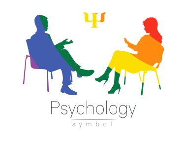 Psikolog ve müvekkil. Psikoterapi. Psikopat terapi seansı. Psikolojik danışmanlık. Erkek kadın otururken konuşuyor. Siluet Gökkuşağı renk profili. Modern sembol logosu lgbt kavramı