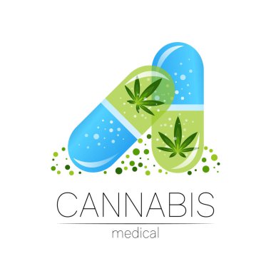 İlaç ve doktor için tohum taşıyıcı logoti içeren 2 tablet hap kapsülünde esrar var. Tıbbi marihuana sembolü. Sağlık için bitki ve yaprak içeren ilaçlar. Yeşil bitkinin konsept işareti.