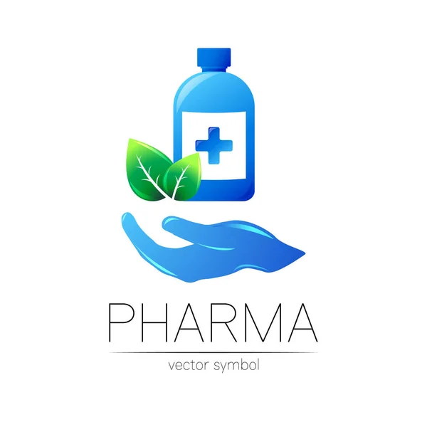 Gyógyszertár vektor szimbólum kék palack és kereszt, zöld levél kéznél gyógyszerész, gyógyszertár, orvos és gyógyszer. Modern design vektor logó fehér háttérrel. Gyógyszerészeti ikon logotípusa . — Stock Vector