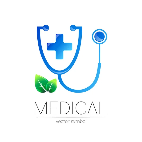 Stethoscope with cross and leaves vector logotype in blue color. Medical symbol for doctor, clinic, hospital and diagnostic. Modern concept for logo or identity style. Sign health. Isolated on white. — Stock Vector