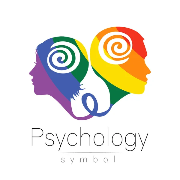 Moderner Logokopf mit Mann und Frau, Zeichen der Psychologie. Profil Mensch. Kreativer Stil-Schriftzug. Symbol im Vektor. Designkonzept. Markenunternehmen. Regenbogenfarbe isoliert auf Weiß. Ikone der Familie — Stockvektor