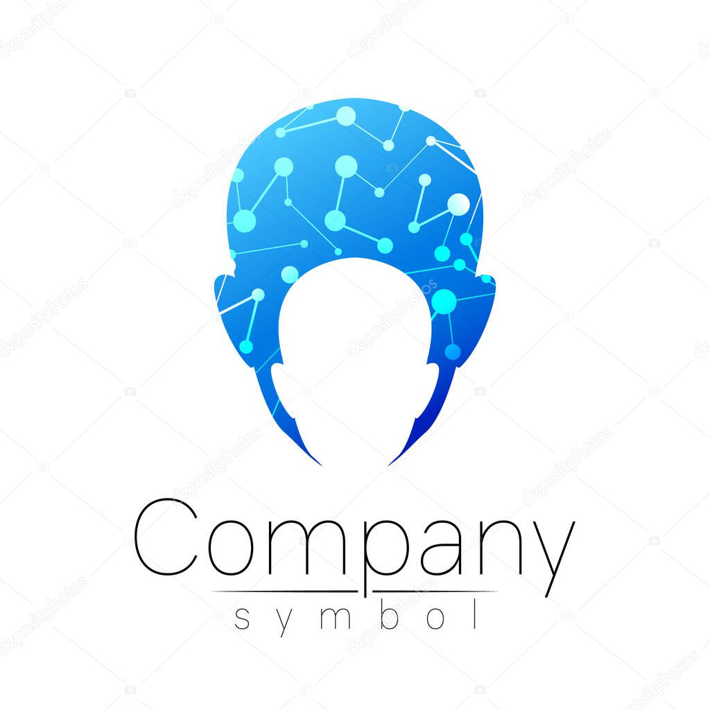 Vector symbol of human head. Person face. Blue color isolated on white. Concept sign for business, science, psychology, medicine, technology. Creative sign design Man silhouette. Modern logo
