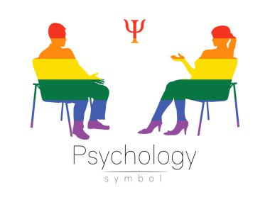 Psikolog ve müvekkil. Psikoterapi seansı. Psikolojik danışmanlık. Otururken konuşan kadın ve erkek silueti. Gökkuşağı LGBT rengi. Beyaz arkaplanda izole